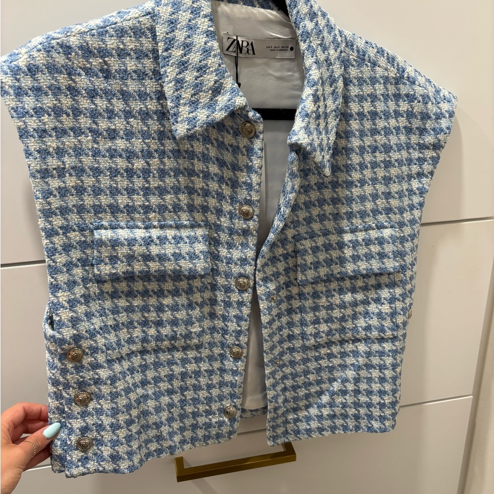 Zara Blue and White Houndstooth Vest